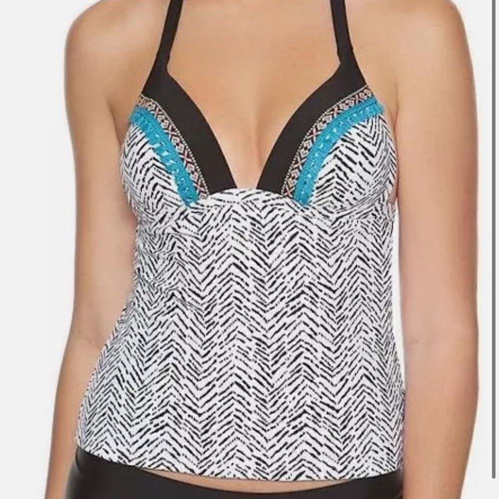 Arizona Jean Company Black, White & Turquoise Patterned Tankini Top